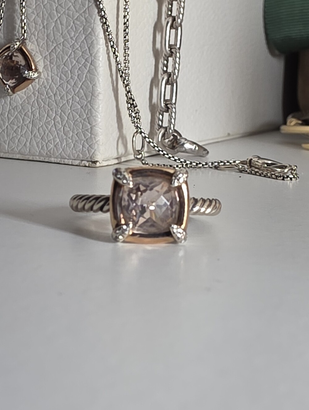 David Yurman Petite Châtelaine Morganite & Diamond Ring Sz6 Silver & Rose Gold